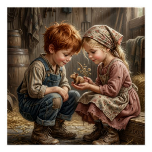 Poster Enfants assis ensemble dans un cadre rural nostalg