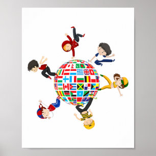 Poster Enfants Dansant Autour Des Drapeaux Mondiaux D