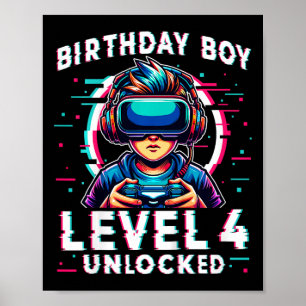 Poster Enfants de niveau 4 déverrouillés 4 ans Anniversai