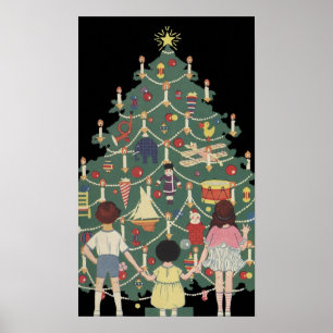 Poster Enfants de Noël vintage autour d'un arbre décoré