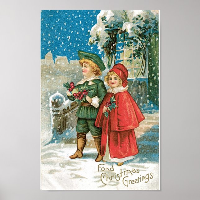 Poster Enfants de Noël Vintage dans la neige (Devant)