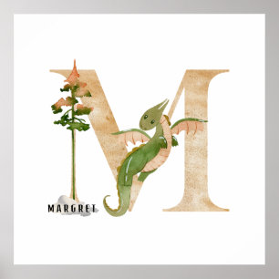 Poster Enfants Dragon Nom personnalisé Monogram M Nursery