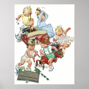Poster Enfants en bas âge jouant avec des camions de pomp