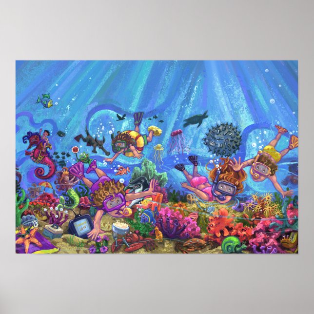 Poster Enfants faisant du snorkeling sous l'art marin (Devant)