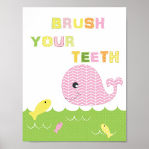 Poster Enfants filles salle de bain art se brosser les de