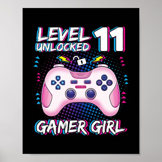 Poster Enfants Gamer Girl 11 ans Niveau 11 déverrouillé (Devant)