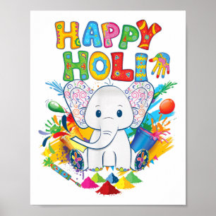 Poster Enfants Happy Holi Festival Inde Couleur Elephant