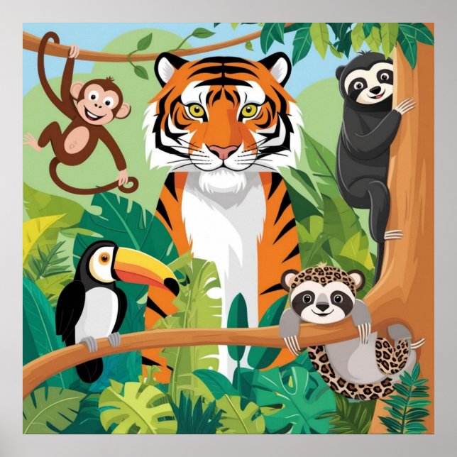 Poster Enfants mignons Animaux Jungle Tigre Singe Oiseau (Devant)