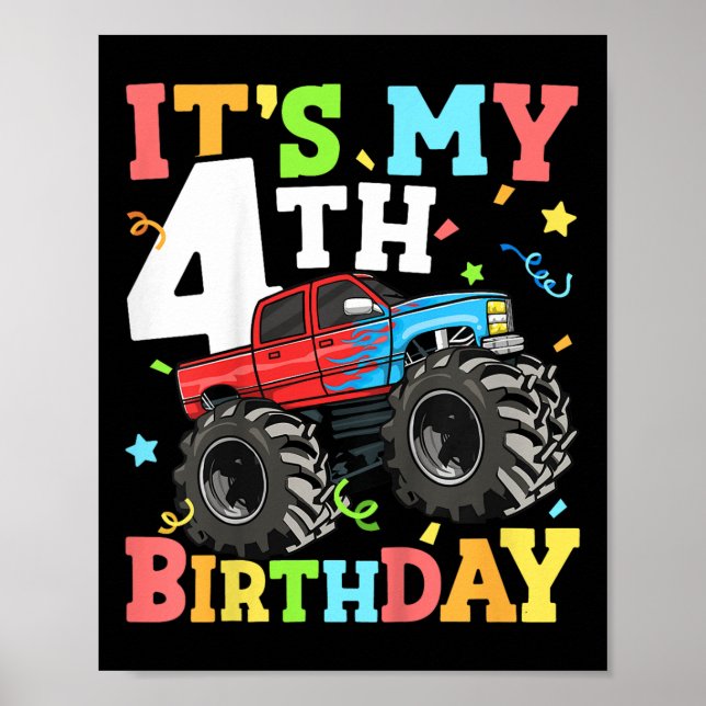 Poster Enfants Monster Camion Mon 4e anniversaire Garçon  (Devant)