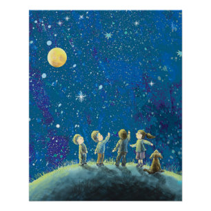 Poster Enfants Regardant Night Sky