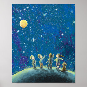 Poster Enfants Regardant Night Sky