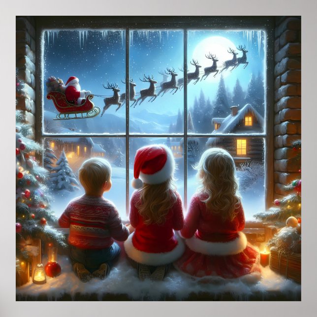 Poster Enfants regardant Père Noël par fenêtre (Devant)