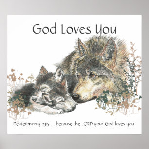 Poster Enfants Salle Écriture, Dieu t'aime Famille Wolf