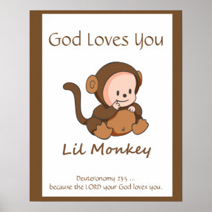 Poster Enfants Salle Écriture, Dieu Vous Aime Lil Singe