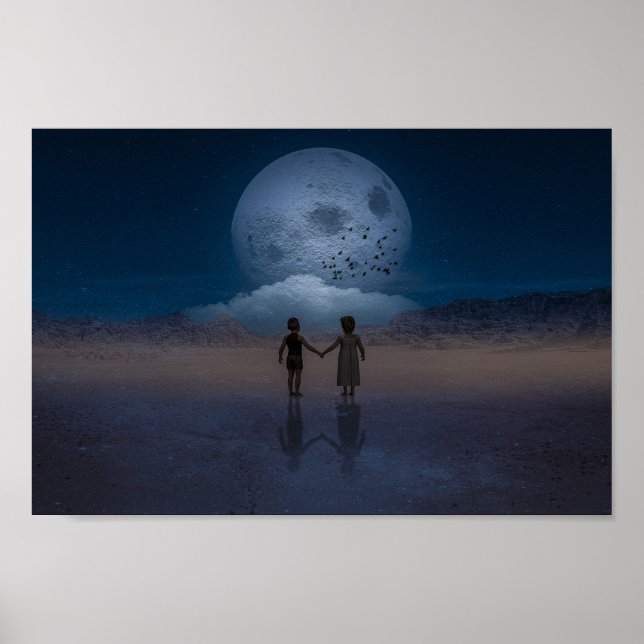 Poster Enfants se tenant la main sur la lune (Devant)