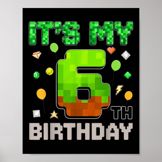 Poster Enfants Son 6e anniversaire Jeu de garçon Pixel Ga (Devant)