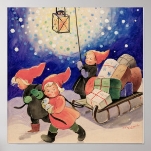 Poster Enfants, traîneau, lanterne et cadeaux de Noël