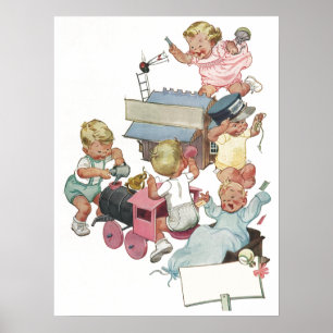 Poster Enfants vintage s'amusant à jouer avec des trains