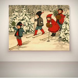 Poster Enfants vintage skiant à travers une forêt enneigé
