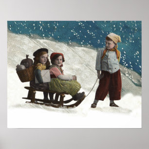 Poster Enfants vintages Dormir Noël hiver