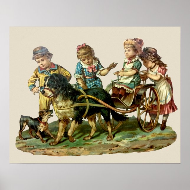 Poster Enfants vintages et chien Wagon (Devant)