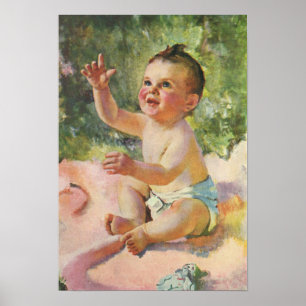 Poster Enfants vintages, mignonne petite fille sur une co