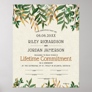 Poster "Engagement à vie" Certificat Mariage de verdure