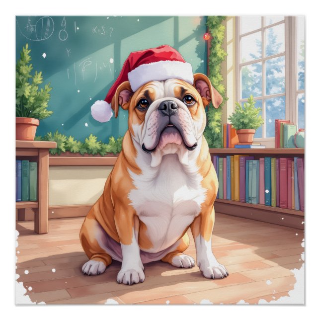 Poster English Bulldog Teacher Classroom Santa Hat (Devant)