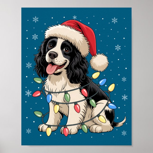 Poster English Springer Spaniel Dog Christmas Tree Lights (Devant)