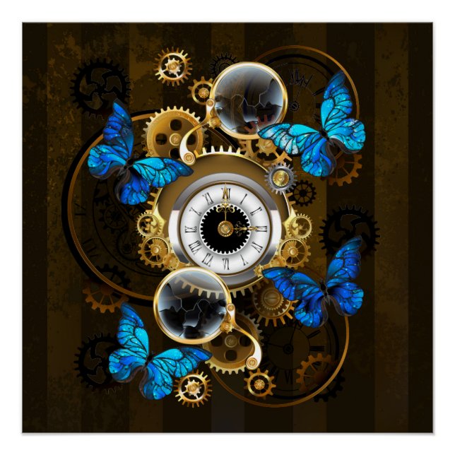 Poster Engrenages à vapeur et papillons bleus (Devant)