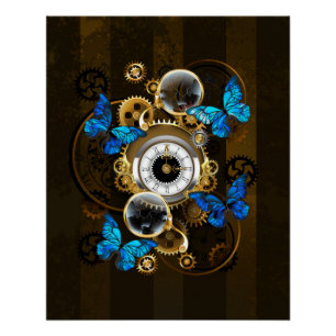 Poster Engrenages à vapeur et papillons bleus