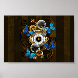 Poster Engrenages à vapeur et papillons bleus