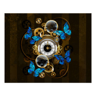 Poster Engrenages à vapeur et papillons bleus