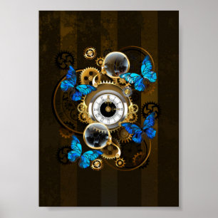 Poster Engrenages à vapeur et papillons bleus
