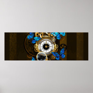 Poster Engrenages à vapeur et papillons bleus