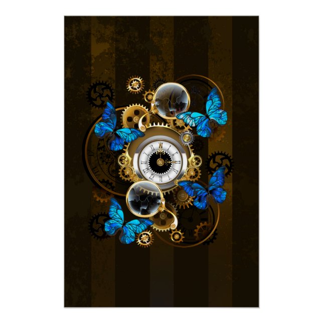 Poster Engrenages à vapeur et papillons bleus (Devant)
