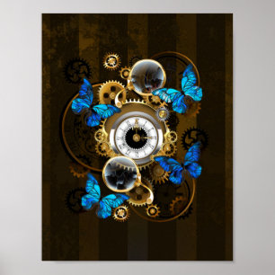 Poster Engrenages à vapeur et papillons bleus