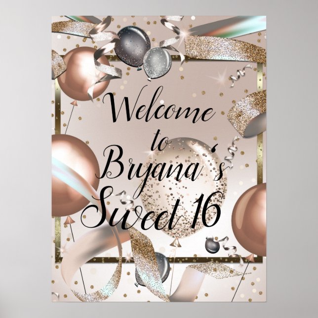 Poster Enseigne d'anniversaire Ballons Rose Gold Rose Pai (Devant)