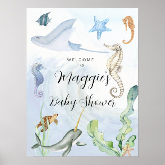 Poster enseigne de baby shower thème océan aquarelle
