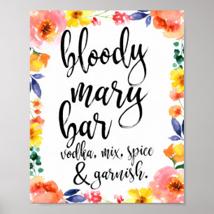 Poster Enseigne de bar Bloody Mary aquarelle florale 8x10