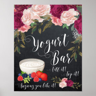 Poster enseigne de bar de yaourt floral bordeaux sur tabl
