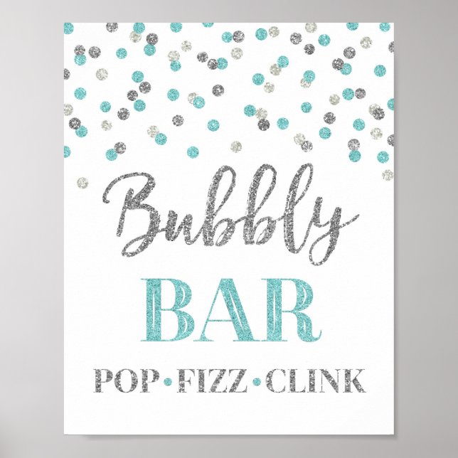Poster Enseigne de bar pétillant Confetti Bleu Argent (Devant)