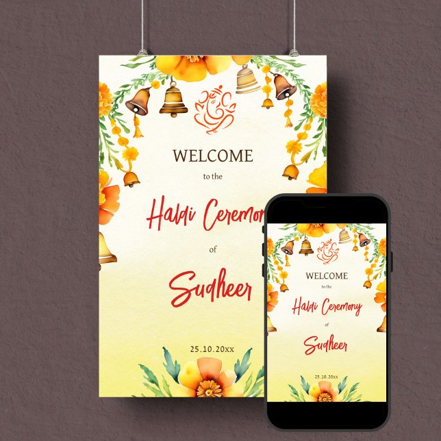 Poster Enseigne de bienvenue du mariage indien Haldi mari (Haldi Indinian wedding welcome sign template instant digital download yellow flowers bells garlands)