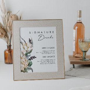 Poster Enseigne de boissons à signature florale blanche
