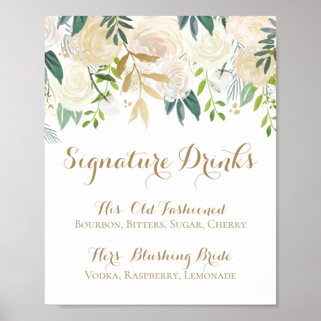 Poster Enseigne de boissons signature à fleurs dorées et  (Devant)