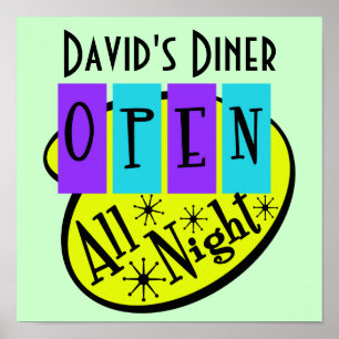 Poster Enseigne de diner Rétro OUVERT TOUTE LA NUIT