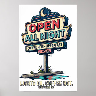Poster Enseigne de Resto Rétro Ouvert Toute la Nuit NIGHT