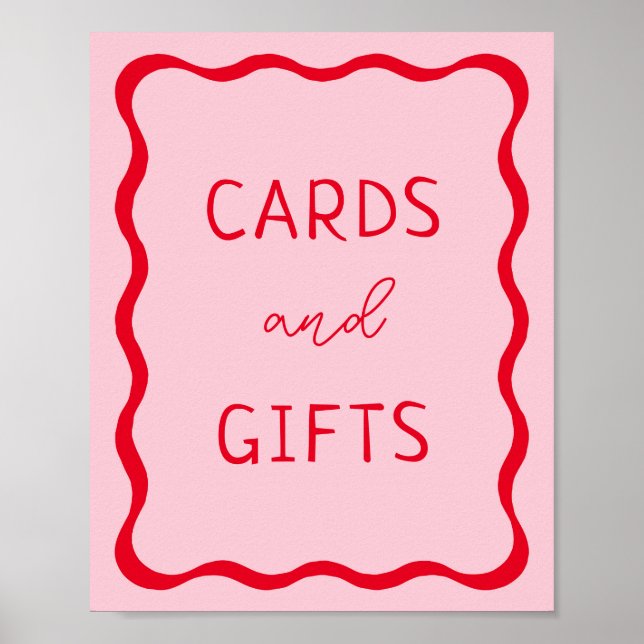 Poster Enseigne rétro rose et rouge ondulé Cartes et Cade (Devant)