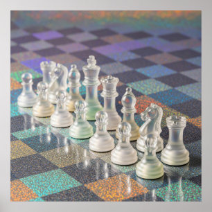 Poster Ensemble d'échecs en verre avec échiquier réfléchi