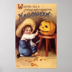 Poster Entertaining Halloween Boy Carving Pumpkin